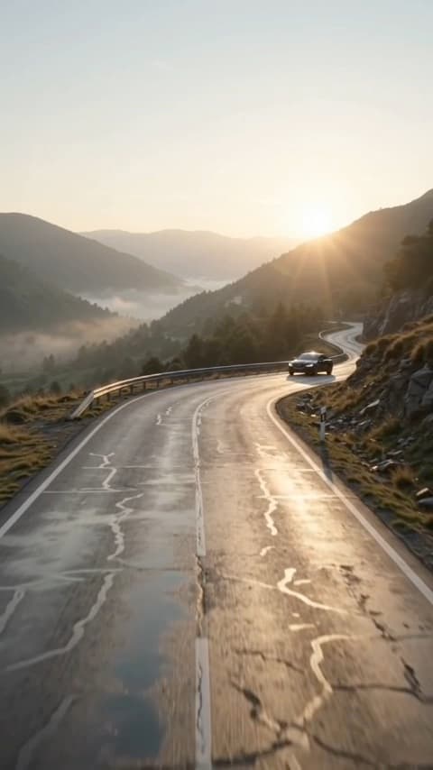 A 30-second cinematic car video: a black sports saloon drives a winding mountain road at sunrise, told through aerial, close-up and tracking shots.