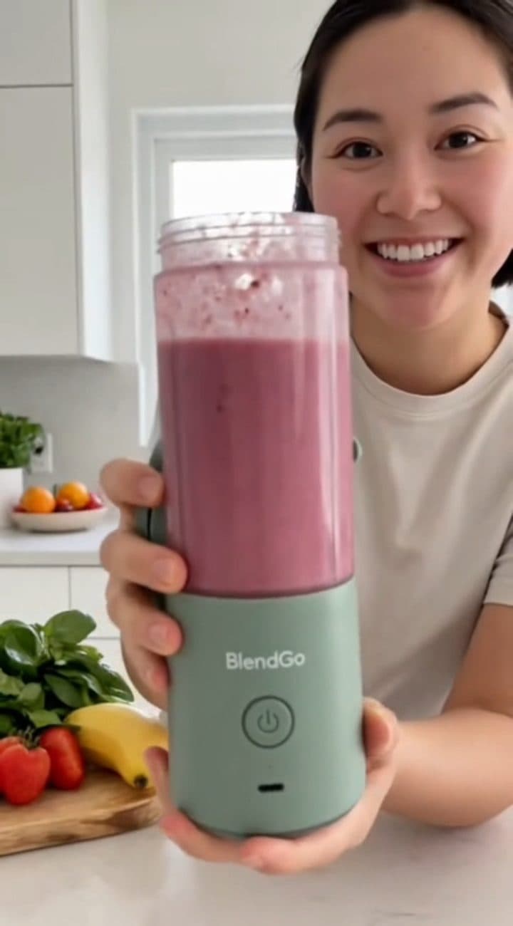 UGC-style ad for a sage-green portable blender, cut as two creator variants of one script: spinach and fruit in, blended smooth, then drunk from the jar outdoors.