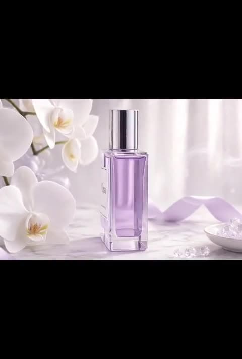 A 23-second fragrance video: a lilac glass perfume bottle on marble, styled with white orchids, a satin ribbon and loose pearls.