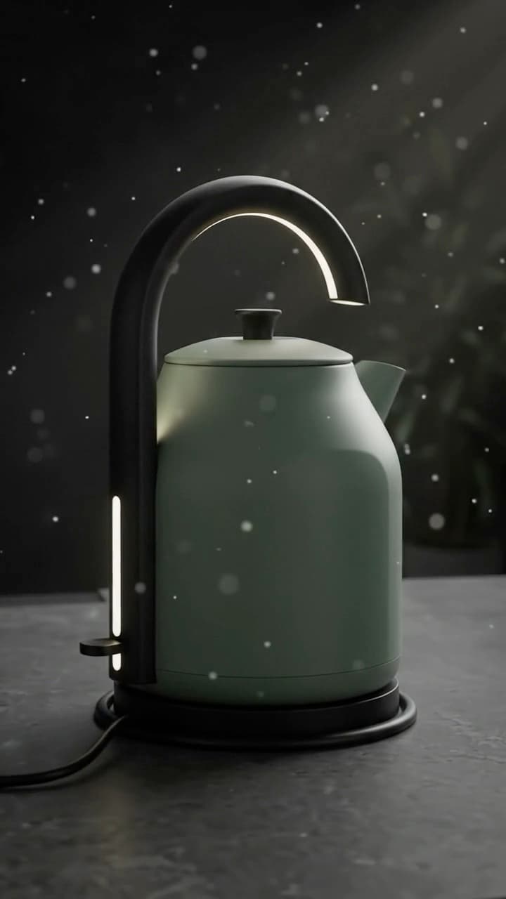 Product video still: sage green electric kettle lit on a dark stone worktop
