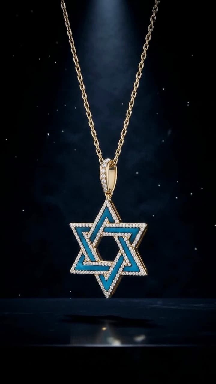 Jewellery video: a gold six-point star pendant turning under a spotlight