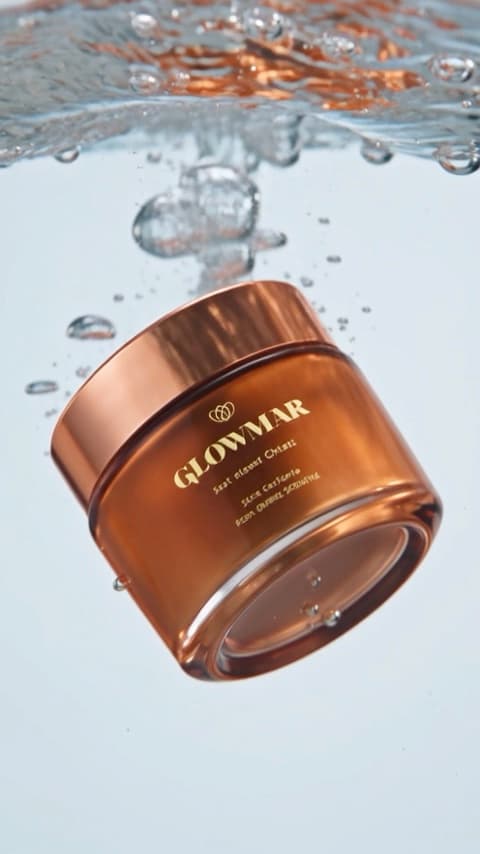 A 30-second demo for a copper face cream jar: the jar dropping into water, the cream up close, application at a mirror, and a field at sunset.