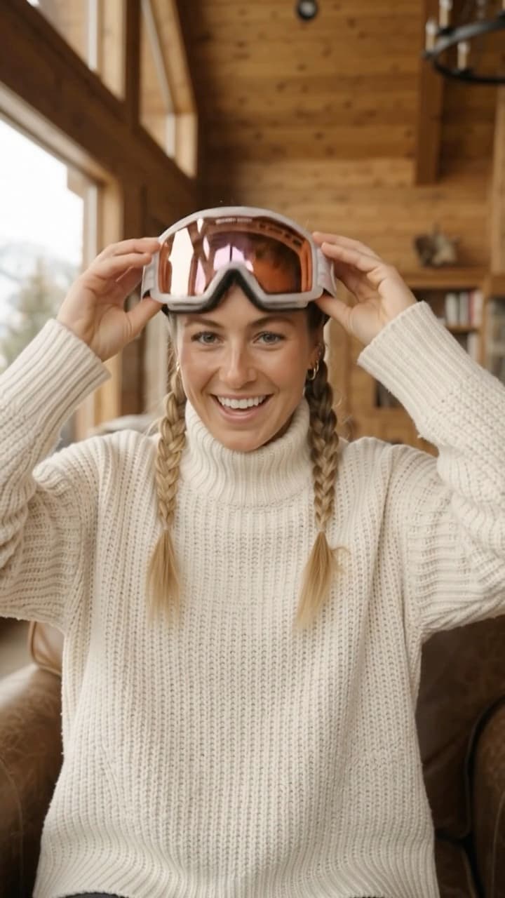 UGC ad still: a woman in a cabin trying on a pair of ski goggles