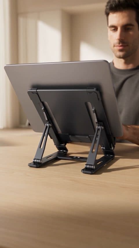 A 20-second Amazon listing video for a folding aluminium laptop stand: flat on the desk, unfolded by hand, then holding a laptop at working height.