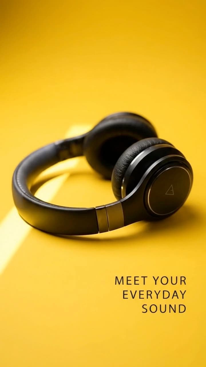 A 19-second demo video for black over-ear headphones: floating on a yellow set, a close look at the ear cushion and controls, then set down on a desk.