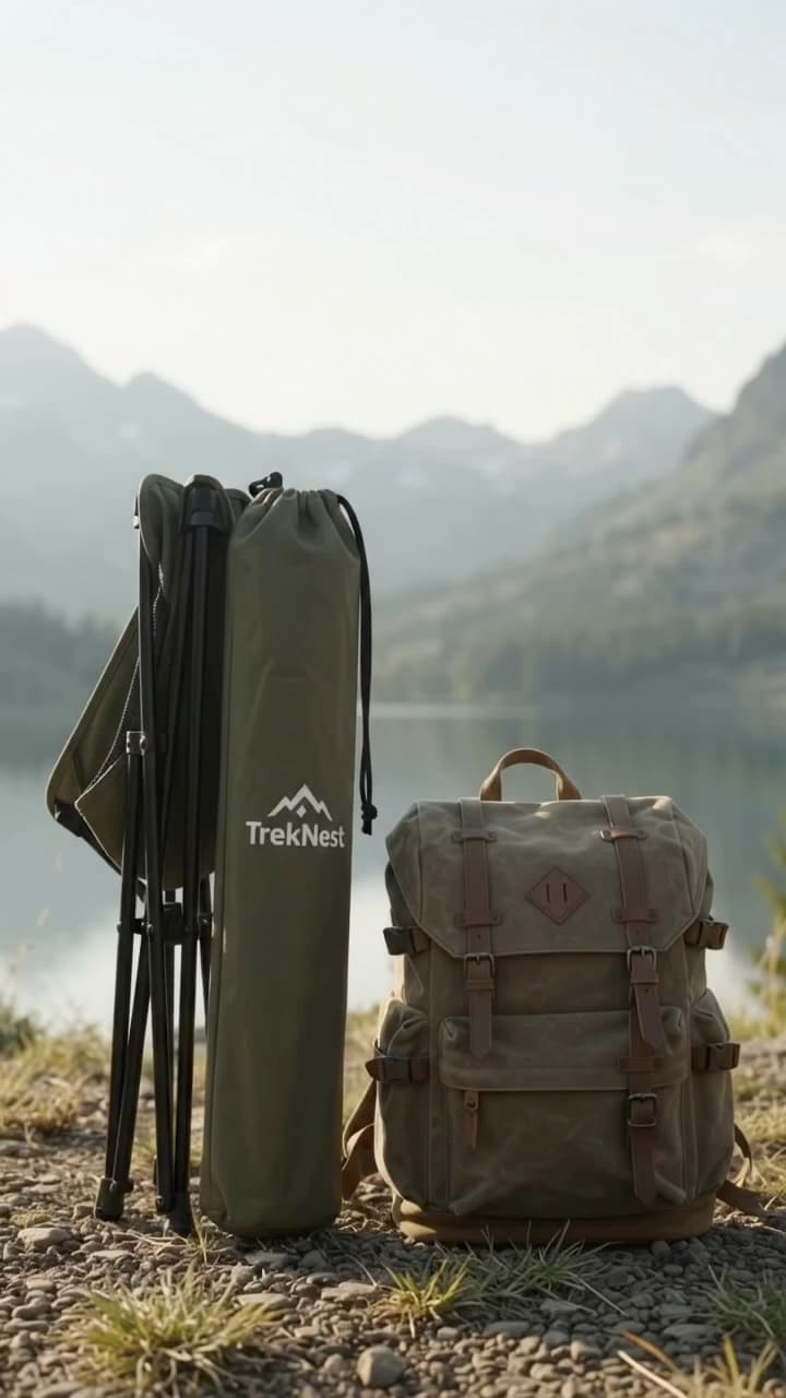 A 19-second outdoor product video for an olive folding camp chair: fabric and frame close-ups, a campsite at sunrise, and the chair by a mountain lake.