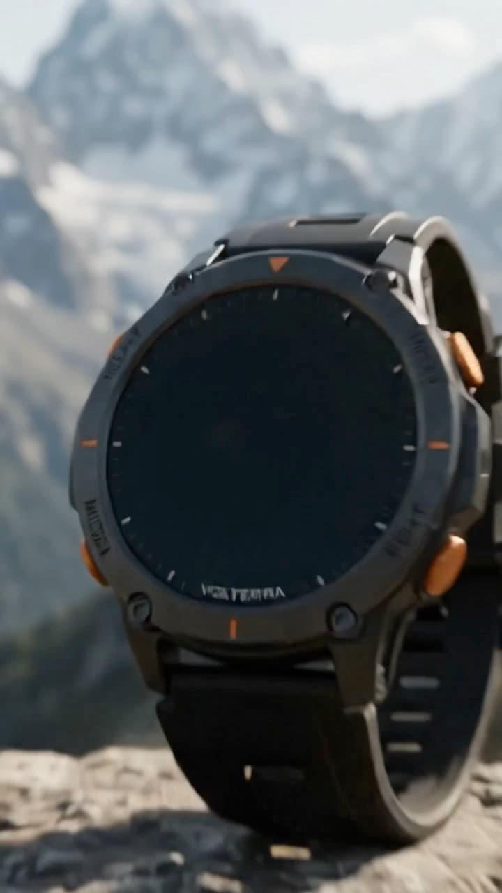 A 20-second product video for a rugged outdoor smartwatch: the bezel, the step and GPS screens, water drops on the case, and the watch on a summit.